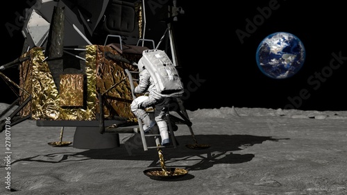 3D rendering. Astronaut descends the stairs of the Apollo spacecraft. CG Animation. Elements of this image furnished by NASA.