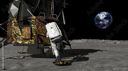 3D rendering. Astronaut descends the stairs of the Apollo spacecraft. CG Animation. Elements of this image furnished by NASA.