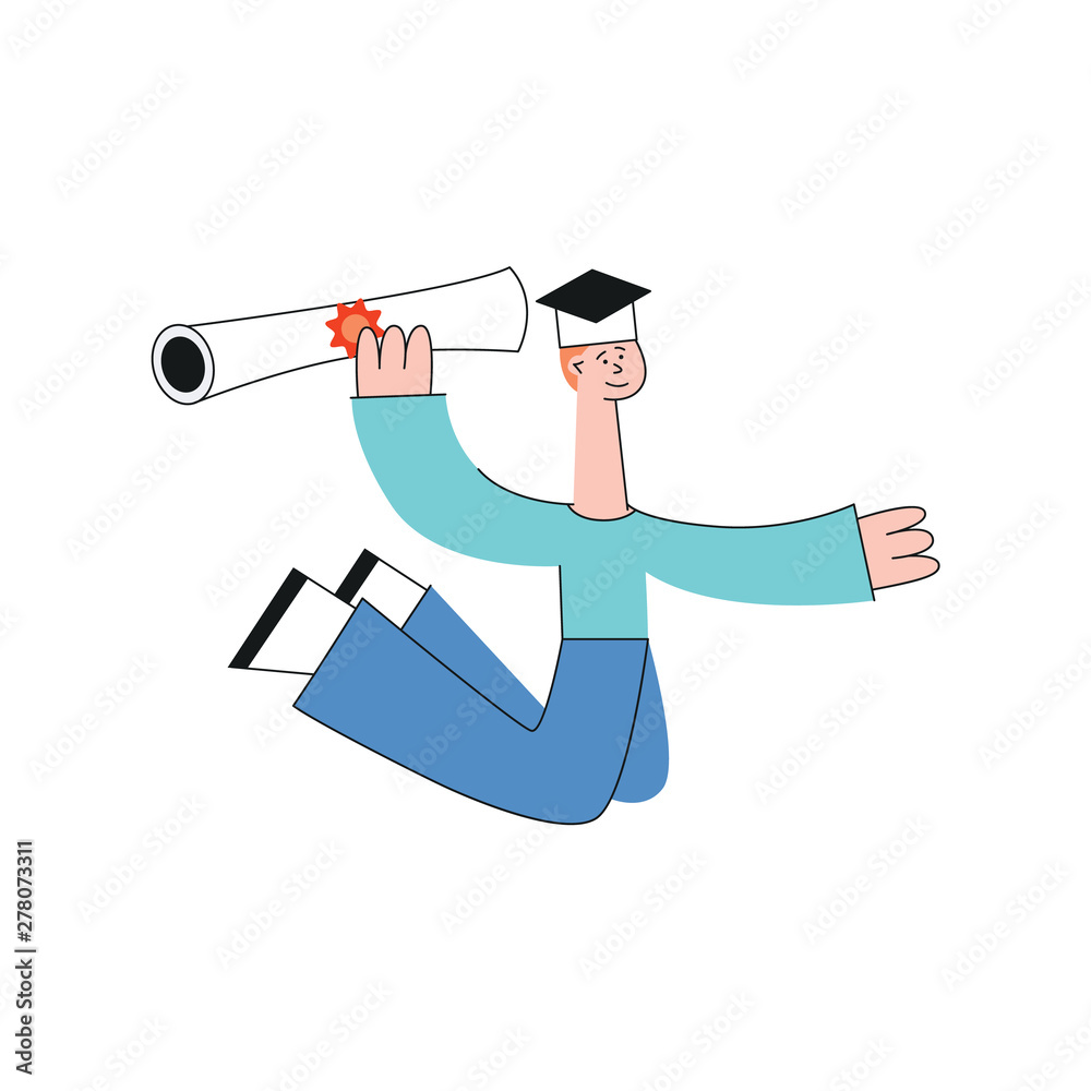 Vector happy teen graduate man student jumps Vector happy teen graduate man student jumps