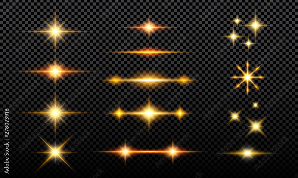 Collection of luminous glitter effects that are isolated with a dark background. Lights, stars that shine isolated from a transparent black background.