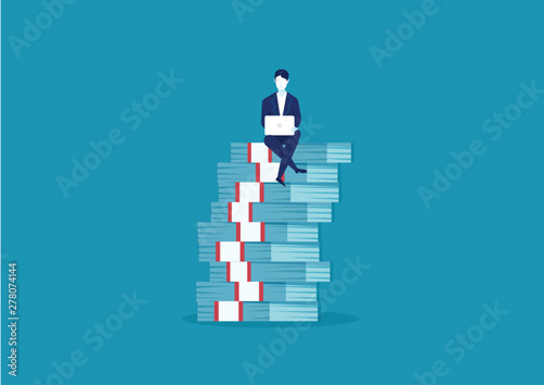 man earning money online at home sitting on money. Vector successful man working with laptop.