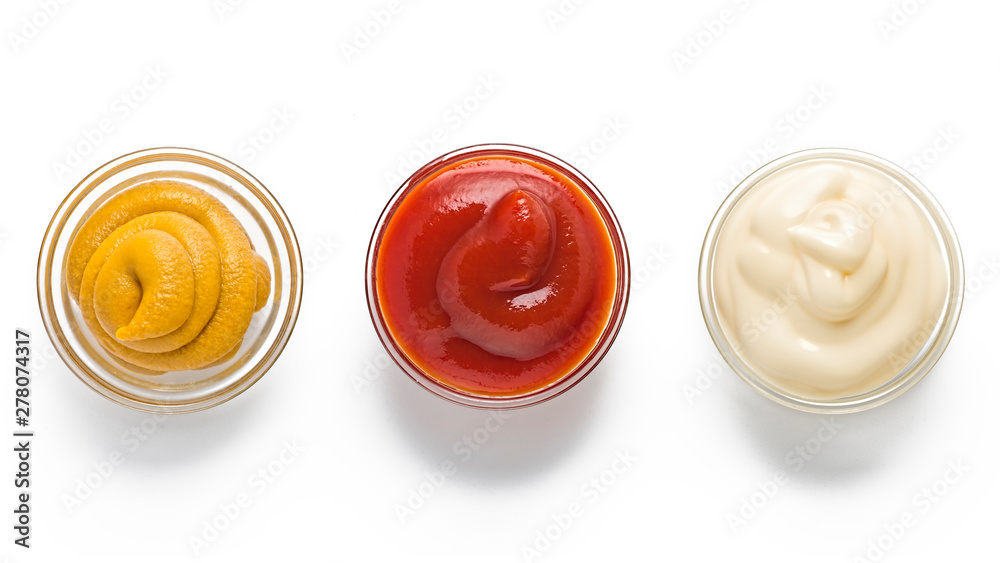 mixed, bbq condiments, wasabi soy, different sauces, homemade ketchup