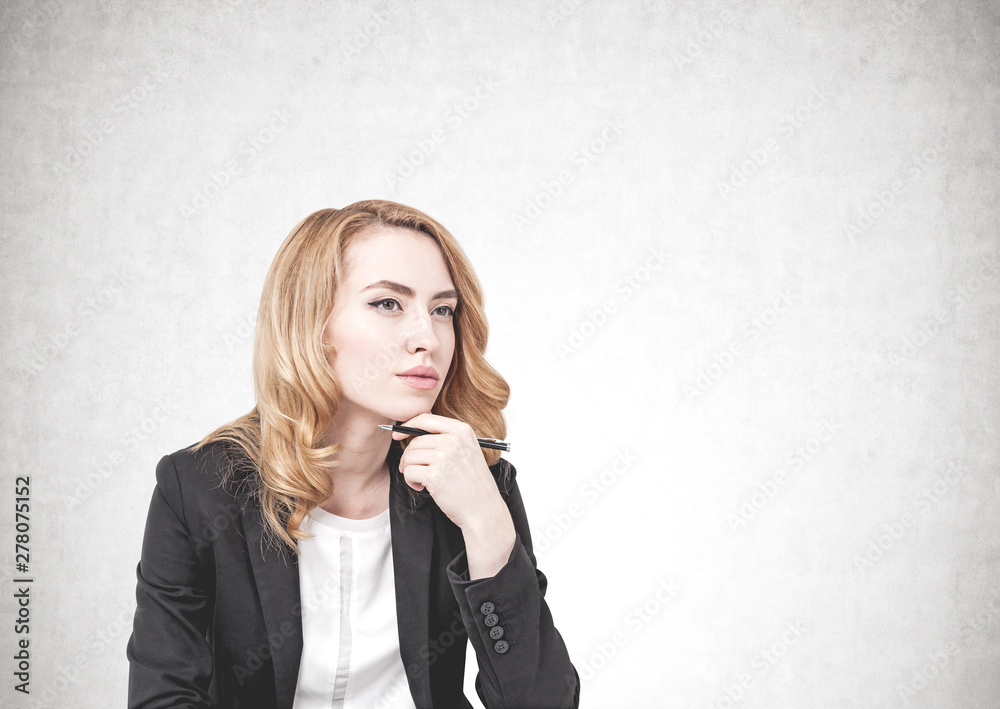 Thoughtful ginger business woman, mock up Thoughtful ginger business woman, mock up