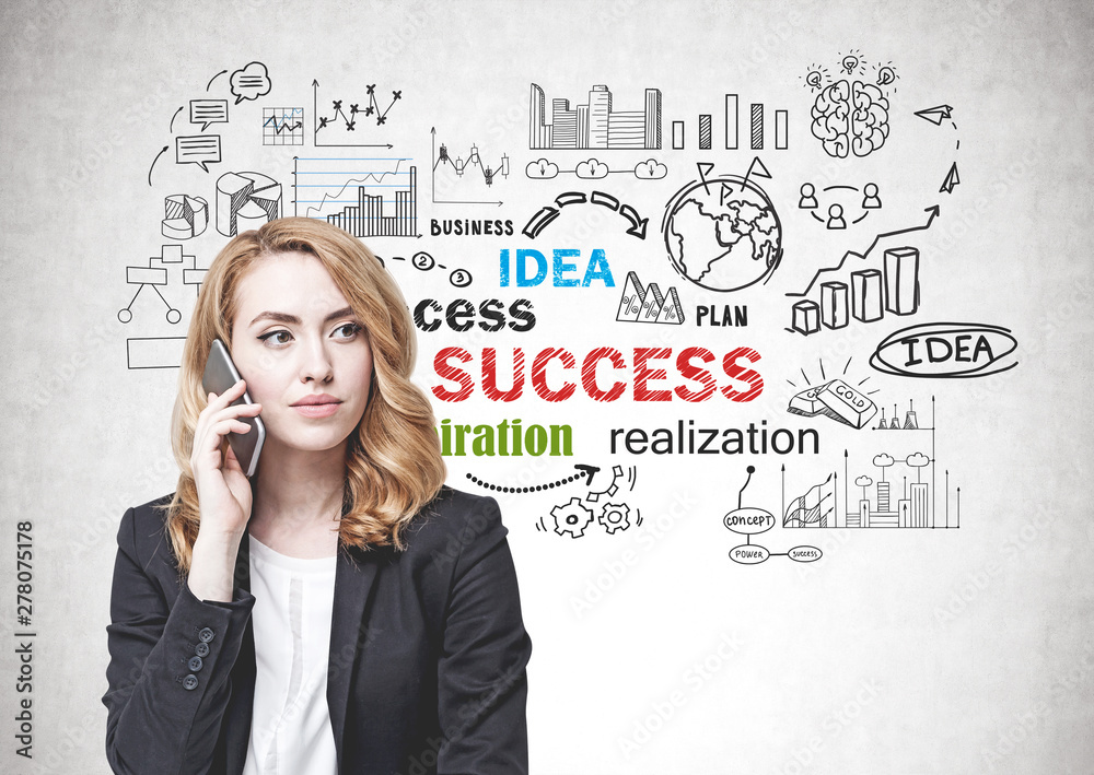 Ginger woman on phone, business success