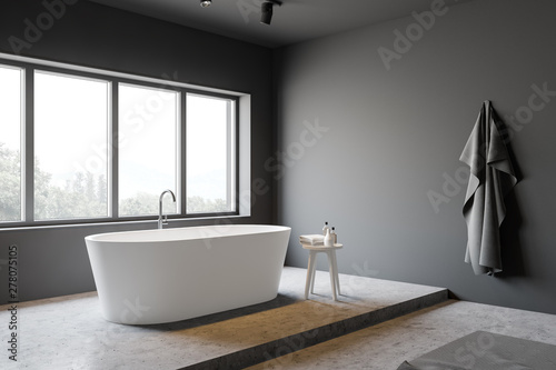 Gray bathroom corner with tub