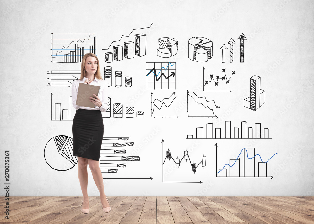 Blonde woman with notebook, business infographics Blonde woman with notebook, business infographics