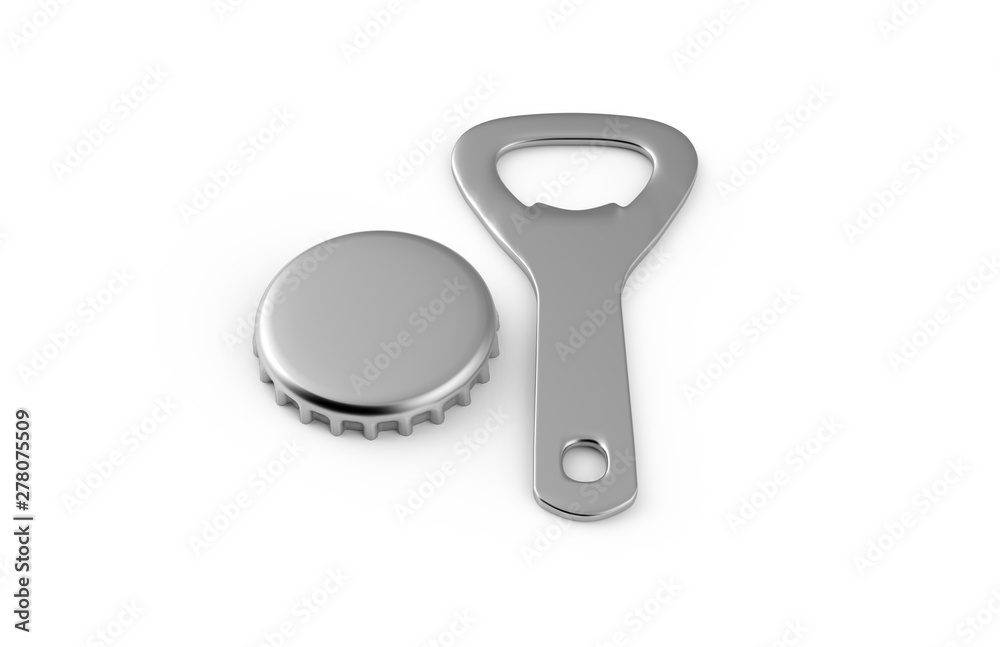 Mock up of bottle opener and cap on isolated white background, 3d illustration Mock up of bottle opener and cap on isolated white background, 3d illustration