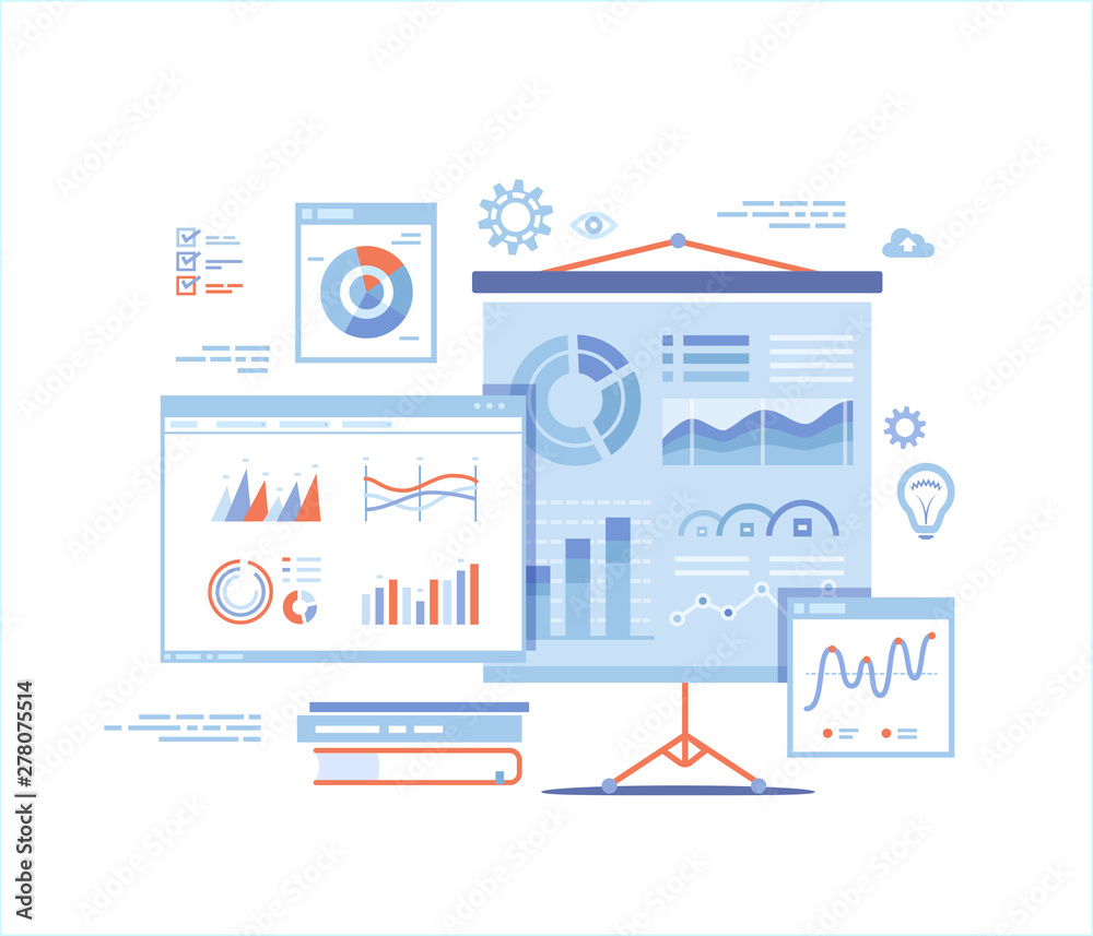 Statistics Presentation. Monitoring and analysis statistical data. Graphs, charts, diagrams, infographics on white board, screens, documents. Vector illustration on white background.