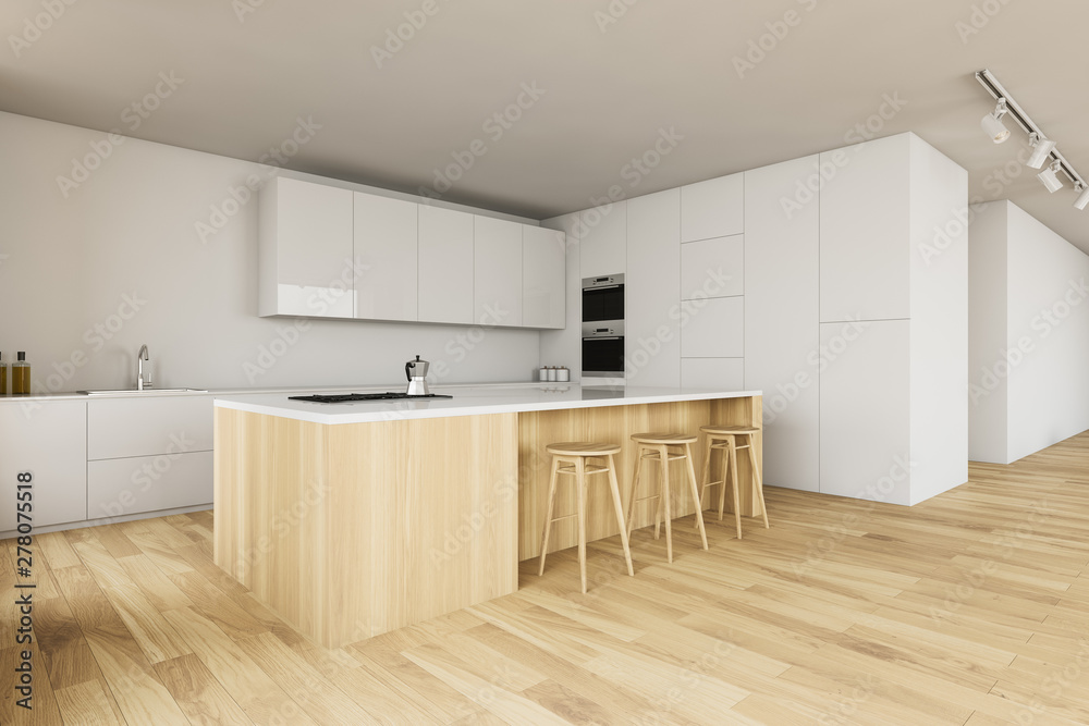 Fototapeta premium White kitchen corner with bar and stools