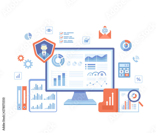 Business Data Reporting, Consulting, Analytics, Credit report, Accounting. Graphs and charts on the monitor screen, documents, folders. Business banner. Vector illustration on white background.