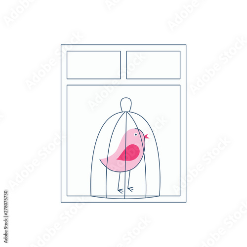 A pink bird in a cage stands by the window.