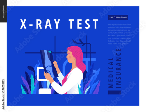 Medical tests blue template - x-ray test - modern flat vector concept digital illustration of x-ray image - a doctor looking at the radiograph , in the medical office or laboratory