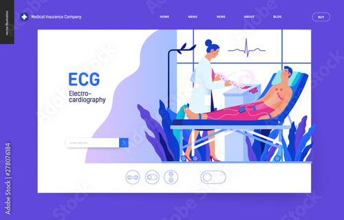 Medical tests blue template -ECG test -modern flat vector concept digital illustration of electrocardiography procedure -patient sensors and doctor carrying out procedure, medical office or laboratory