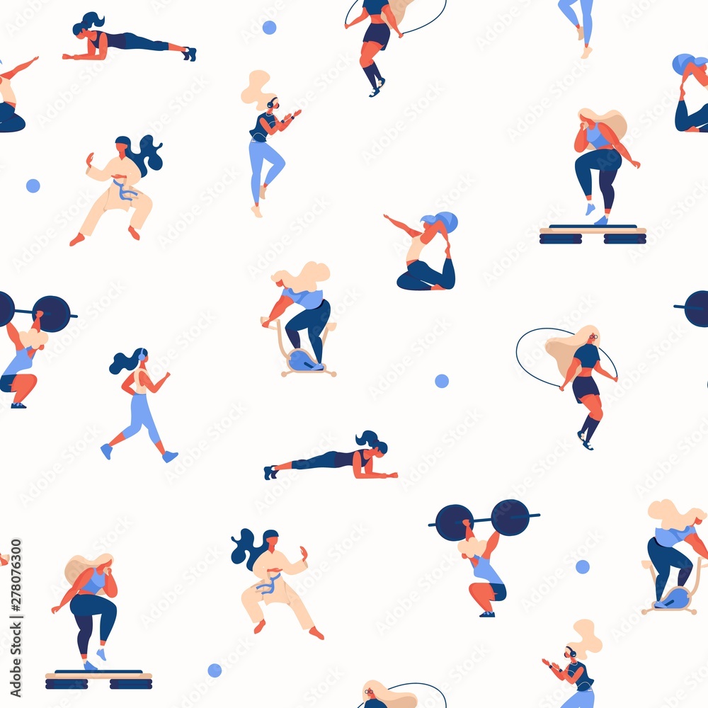 Seamless pattern with girls doing sport exercises. Flat concept illustration good for gym and fit courses and class