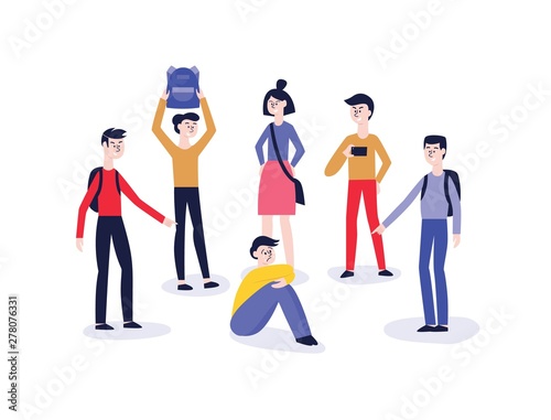 Vector bullying of child boy sitting alone flat