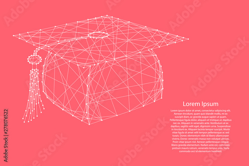 Graduation cap from abstract futuristic polygonal white lines and dots on pink rose color coral background for banner, poster, greeting card. Vector illustration.