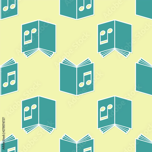 Green Audio book icon isolated seamless pattern on yellow background. Musical note with book. Audio guide sign. Online learning concept. Vector Illustration