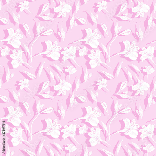 Seamless floral pattern. Pattern with white graphics flowers on pink background with bright shades. Alstroemeria. Seamless pattern with hand drawn plants. Herbal Botanical illustration. © Olga Golubev