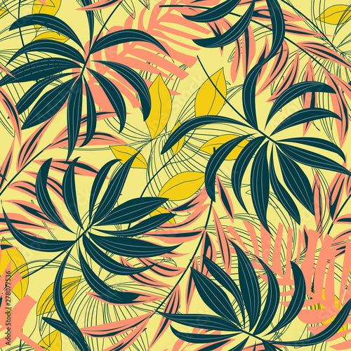 Bright abstract seamless pattern with colorful tropical leaves and plants on yellow background. Vector design. Jungle print. Floral background. Printing and textiles. Exotic tropics. Fresh design.