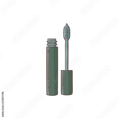 Realistic black and silver metallic tube with mascara and brush. 3d package. Container of cosmetic product for eye beauty. Vector illustration isolated on white background.