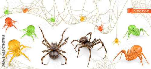 Halloween. Red, yellow and green spiders. 3d realistic vector icon set