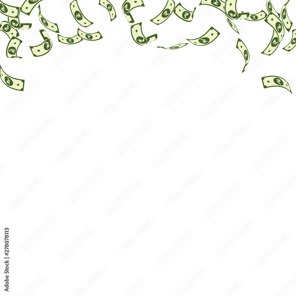 Fototapeta premium Indian rupee notes falling. Sparse INR bills on wh