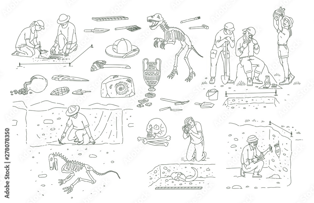 Set of archeology tools and people working on excavation outline sketch style Set of archeology tools and people working on excavation outline sketch style