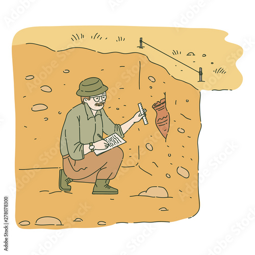 Male archaeologist sitting in pit and researching ancient amphora sketch style