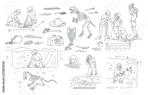 Set of archeology tools and people working on excavation outline sketch style