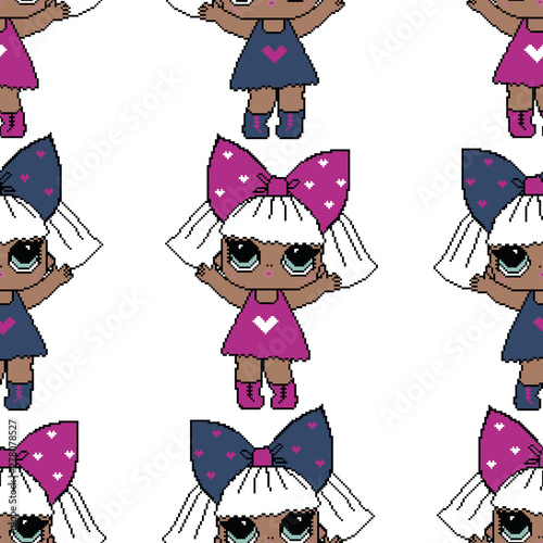 Seamless pattern with lol pixelated dolls on white background. Cute retro design of pixel baby girls for decoration or using as background, backdrop, print for textile or wrapping paper.