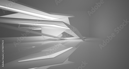 Abstract white minimalistic architectural interior with neon lighting. 3D illustration and rendering.