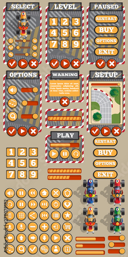 Design of the game user interface. Car racing. Vector illustration.