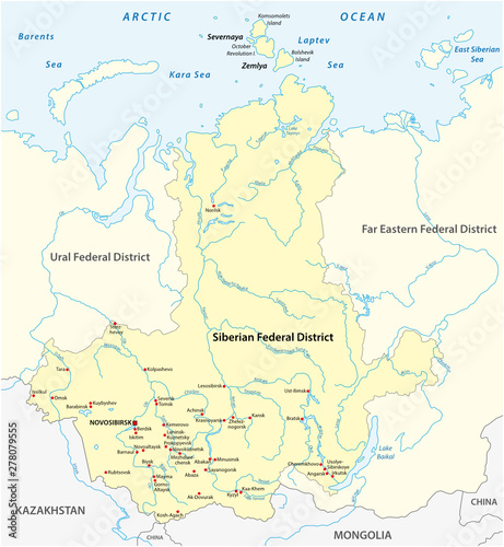 Map of the Russian Siberian Federal District with major cities and rivers