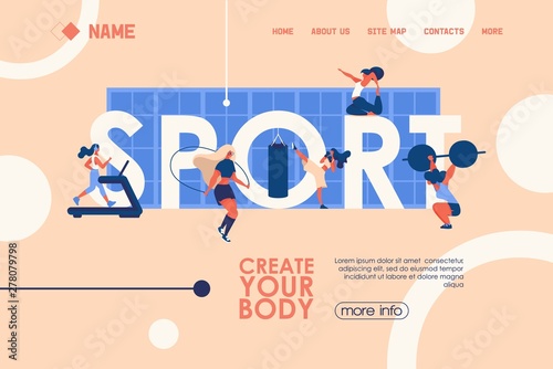 Concept banner for healthy lifestyle, gym courses and classes with large word sport and young woman training. Vector landing page template