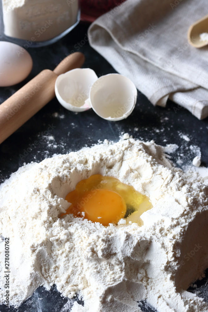 Egg with flour, Preparaiton of the dough Egg with flour, Preparaiton of the dough