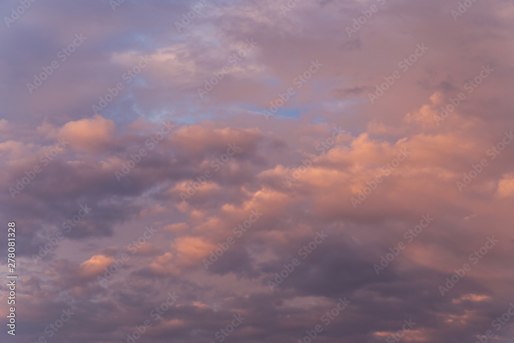Beautiful sunrise pink soft sky with clouds background texture, heaven