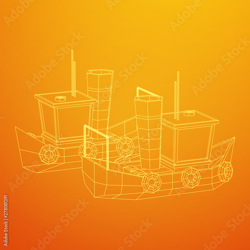Fishing boat. Commercial fishing trawler for industrial seafood production. Vintage marine ship, sea or ocean transportation concept. Wireframe low poly mesh vector illustration