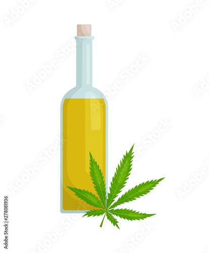 Bottle of hemp oil in cartoon style. Vector illustration. Hemp oil with cannabis leaf.