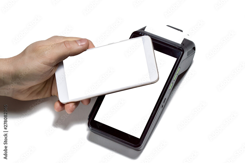 Smart POS terminal contactless mobile payments. Close up photo of customer paying cashless with smartphone isolated on white background. Concept for banking, finance and banking services. Smart POS terminal contactless mobile payments. Close up photo of customer paying cashless with smartphone isolated on white background. Concept for banking, finance and banking services.