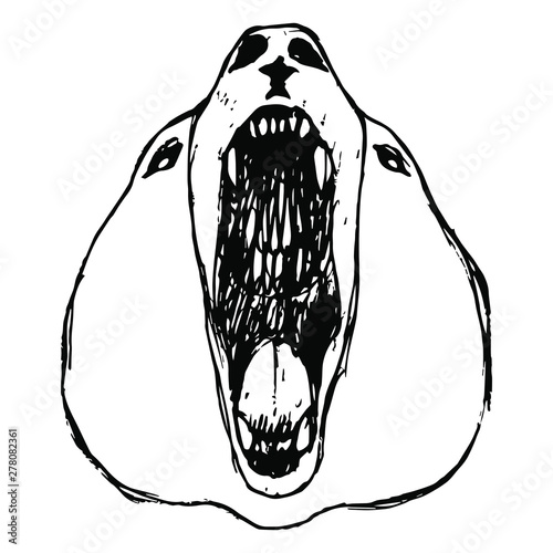 Headn of a roaring polar bear. Hand drawn doodle sketch. Black and white linear silhouette. photo