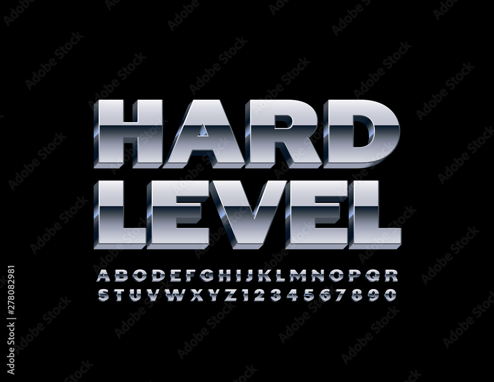 Vector concept sign Hard Level with 3D Metallic Font. Uppercase ...