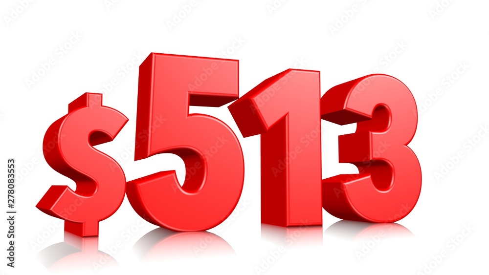 513$ Five hundred and thirteen price symbol. red text number 3d render with dollar sign on white background 513$ Five hundred and thirteen price symbol. red text number 3d render with dollar sign on white background