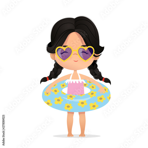 Dark Hair girl Wearing sunglasses in inflatable circle. Child Relax at Summer. Pool Party with Inflatable Ring. Beach Girl Character Isolated. Vacation Flat Cartoon Vector Illustration