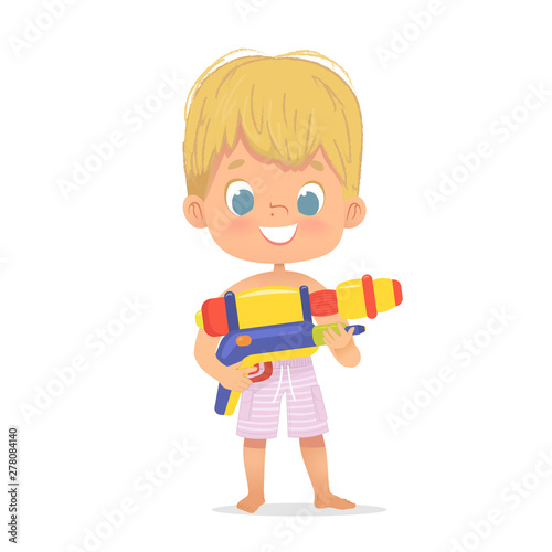Smiling Cute Blond Baby Boy With a Toy Water Gun Posing. Pool Party Character with a Toygun. Beach Boy Character Isolated.