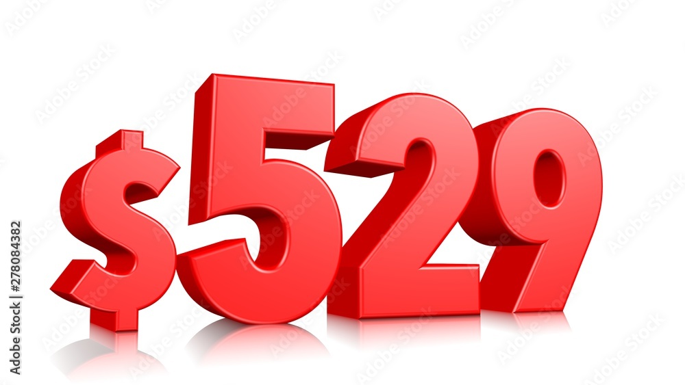 529$ Five hundred and twenty nine price symbol. red text number 3d render with dollar sign on white background 529$ Five hundred and twenty nine price symbol. red text number 3d render with dollar sign on white background