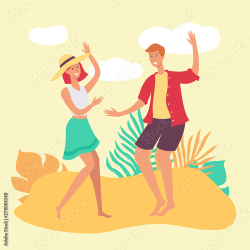 Young caucasian couple of man and woman dancing together on a tropical beach.