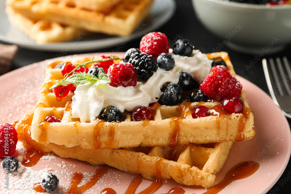 Beautiful composition with sweet belgian waffles, space for text Beautiful composition with sweet belgian waffles, space for text
