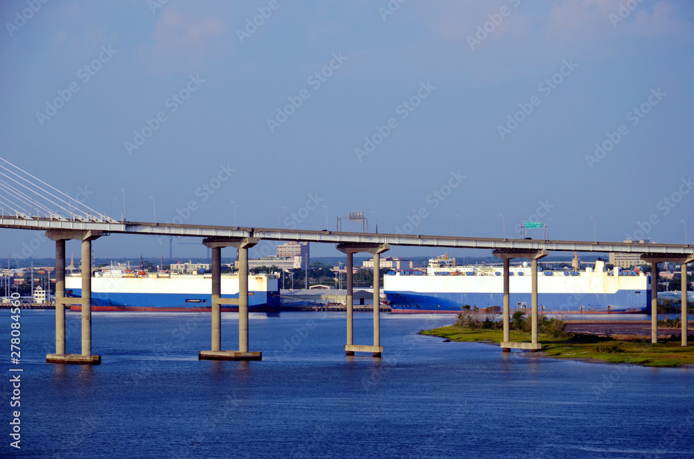View on the Arthur Ravenel Jr. Bridge in Charleston, South Caroline. View on the Arthur Ravenel Jr. Bridge in Charleston, South Caroline.