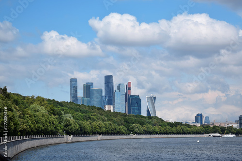 Moscow  Russia - July 8  2019  The view of the Moscow International Business Center skyscrapers and cloudy sky from the Vorobyevskaya embankment