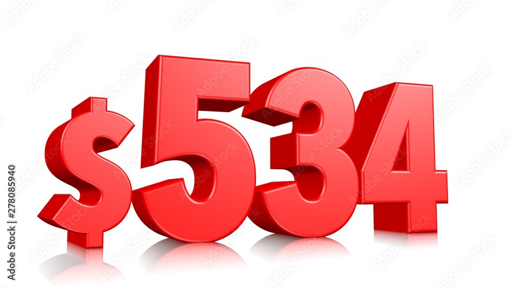 534$ Five hundred thirty four price symbol. red text number 3d render with dollar sign on white background 534$ Five hundred thirty four price symbol. red text number 3d render with dollar sign on white background